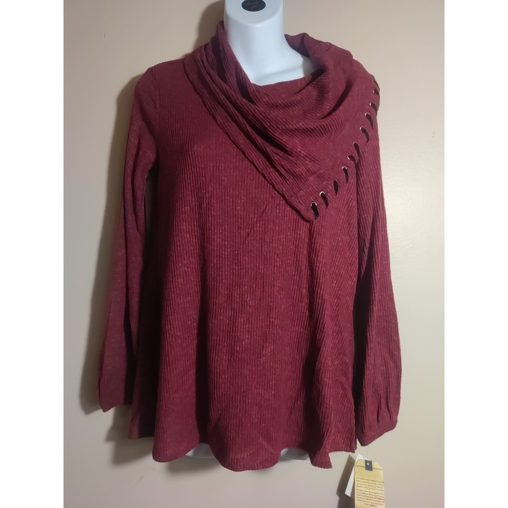 Democracy Women Maroon Ribbed Tunic Cowl Eyelet Neck Long Sleeve Top Size XS